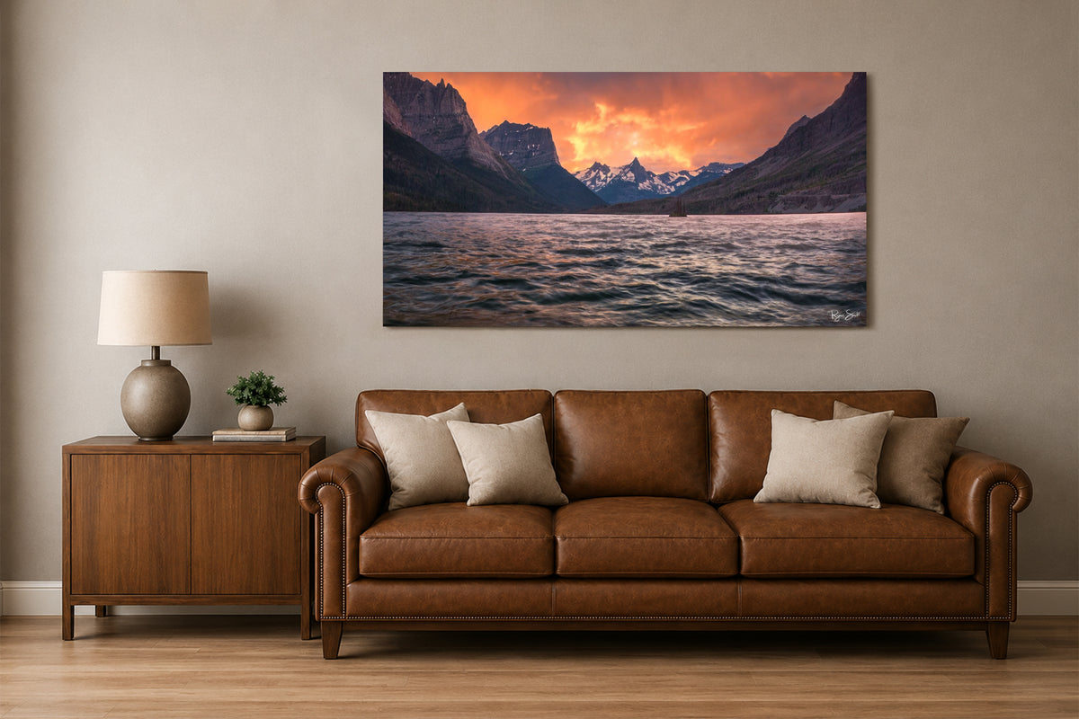 Fiery Sunset on Jagged Shores - Glacier National Park