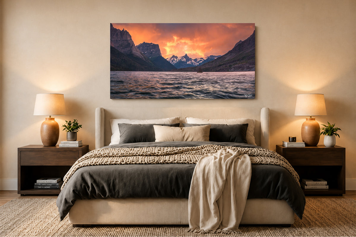 Fiery Sunset on Jagged Shores - Glacier National Park